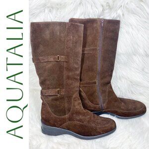 AQUATALIA Brown Suede Tall Wedge Knee Boots, Size 38